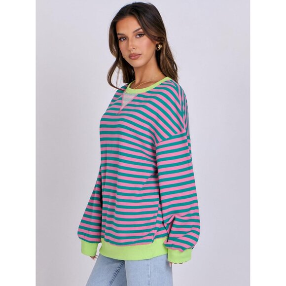 Women Striped Sweatshirt Oversized Crewneck Long Sleeve Casual Top - Picture 8 of 8